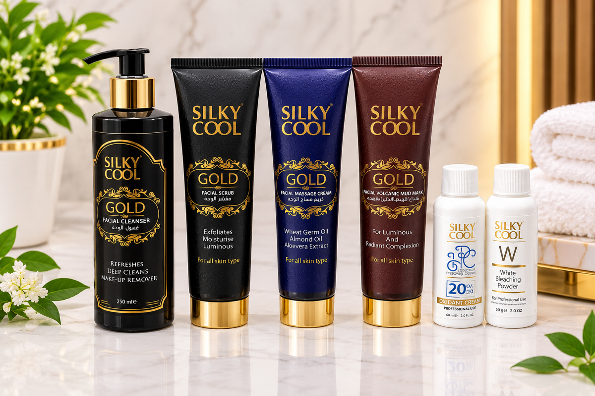 Silky Cool Gold Facial Kit – Facial Cleanser, Scrub, Massage Cream & Volcanic Mud Mask