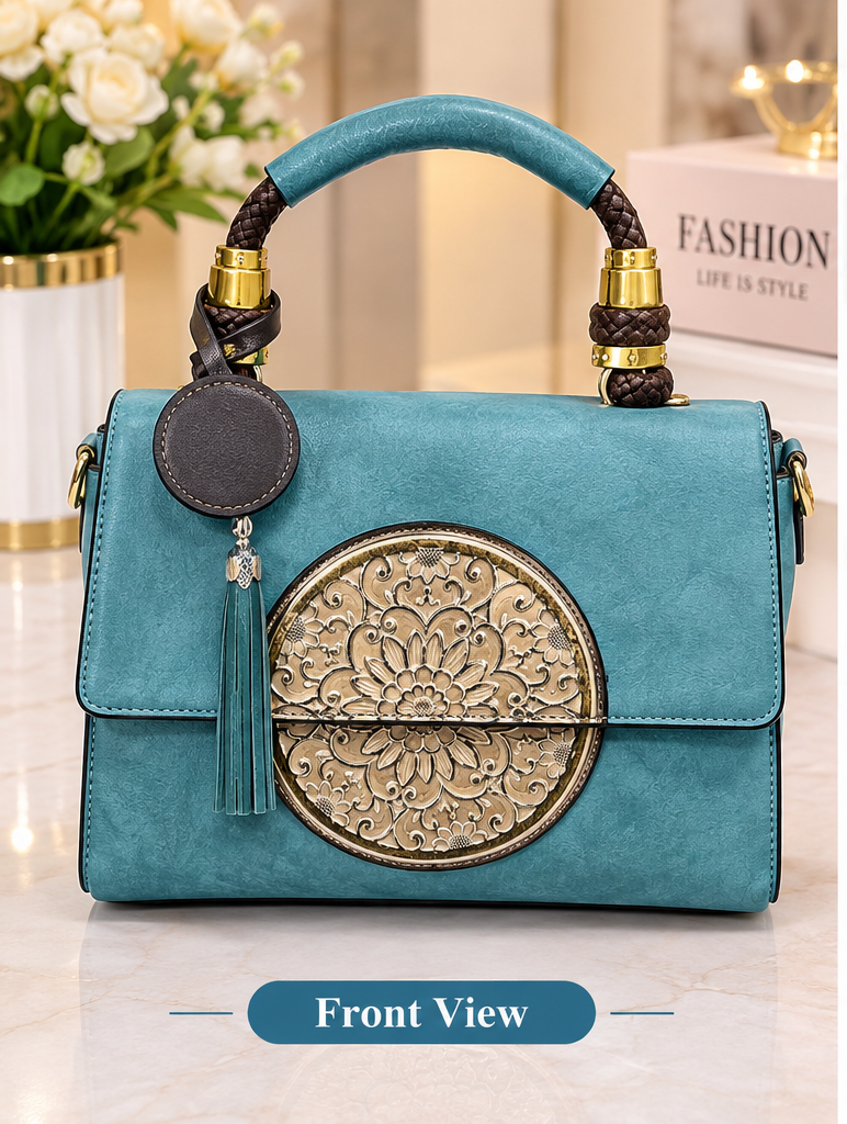 Turquoise Embroidered Shoulder Bag – Elegant Women’s Handbag with Decorative Metal Clasp & Top Handle