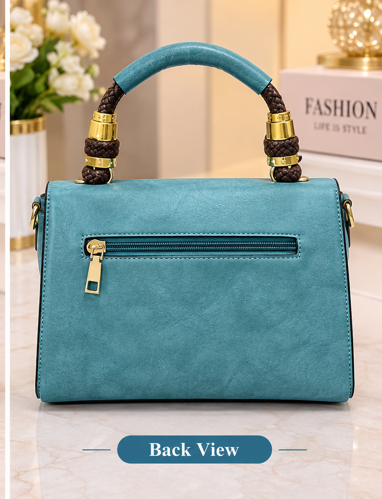 Turquoise Embroidered Shoulder Bag – Elegant Women’s Handbag with Decorative Metal Clasp & Top Handle