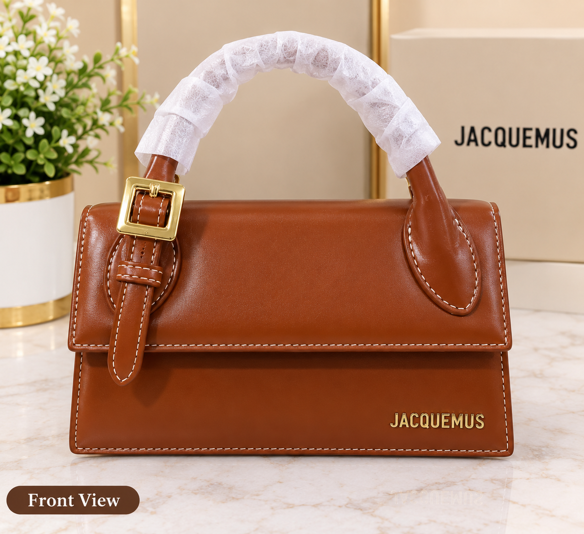 Brown Jacquemus Handbag – Elegant Structured Shoulder Bag | Women’s Luxury Top Handle Handbag with Gold Buckle Detail