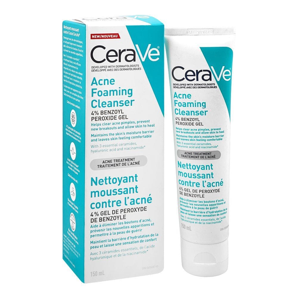 CeraVe Acne Foaming Cleanser with 4% Benzoyl Peroxide, Niacinamide & Hyaluronic Acid (150ml)