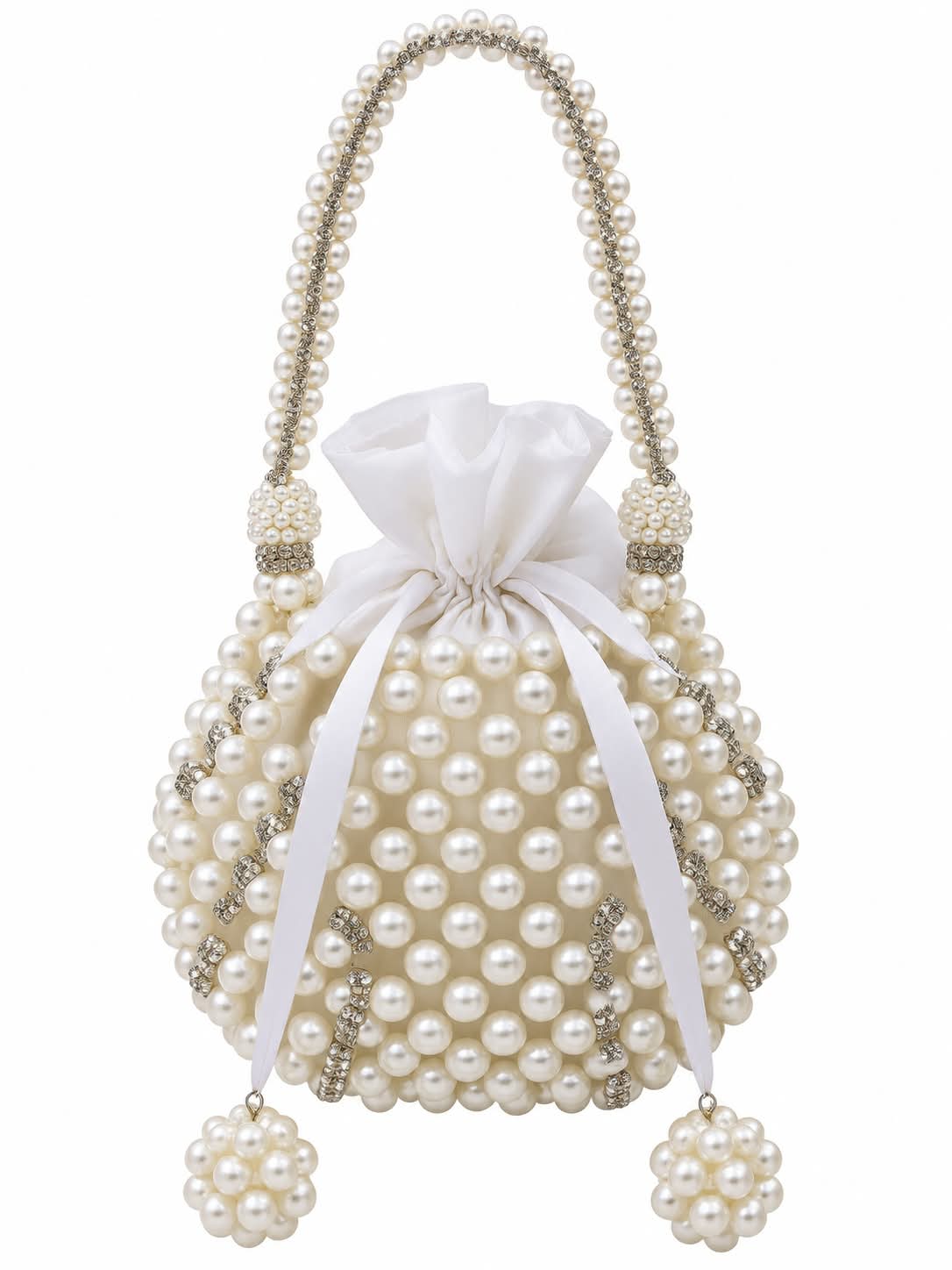 Handmade Pearl Beaded Bucket Bag with Rhinestone Chain & Drawstring Closure – Elegant Evening Clutch & Wedding Purse for Women