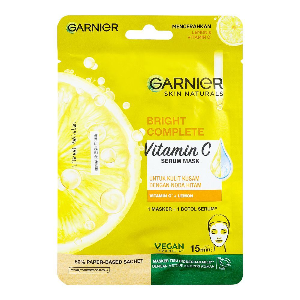 Garnier Skin Naturals Bright Complete Vitamin C Serum Mask (28g) – Brightening Tissue Sheet Mask for Dull Skin & Dark Spots