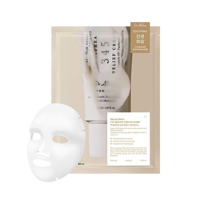 Dr. Althea 345 Relief Cream Mask – Soothing & Calming Sheet Mask with Niacinamide, Panthenol & Houttuynia Cordata (25g / 0.88 oz)
