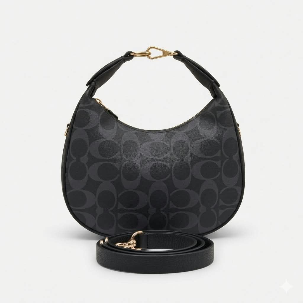 Black Monogram Curved Shoulder Bag – Crescent Canvas Hobo Purse with Detachable Crossbody Strap