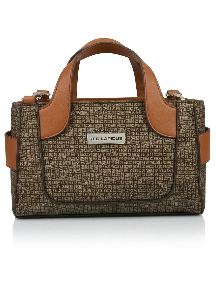 Ted Lapidus Monogram Print Handbag – Brown Canvas Satchel with Tan Leather Trim