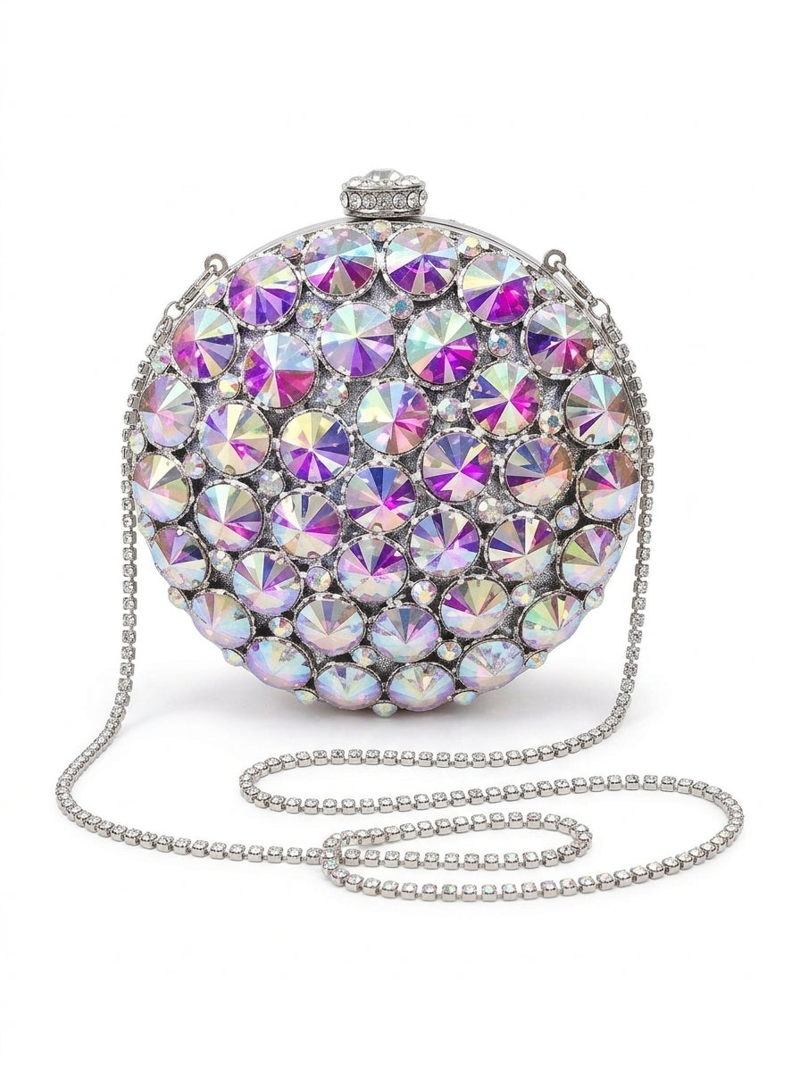 Iridescent Crystal Sphere Evening Clutch – Round Rhinestone Minaudière Purse with Chain Strap