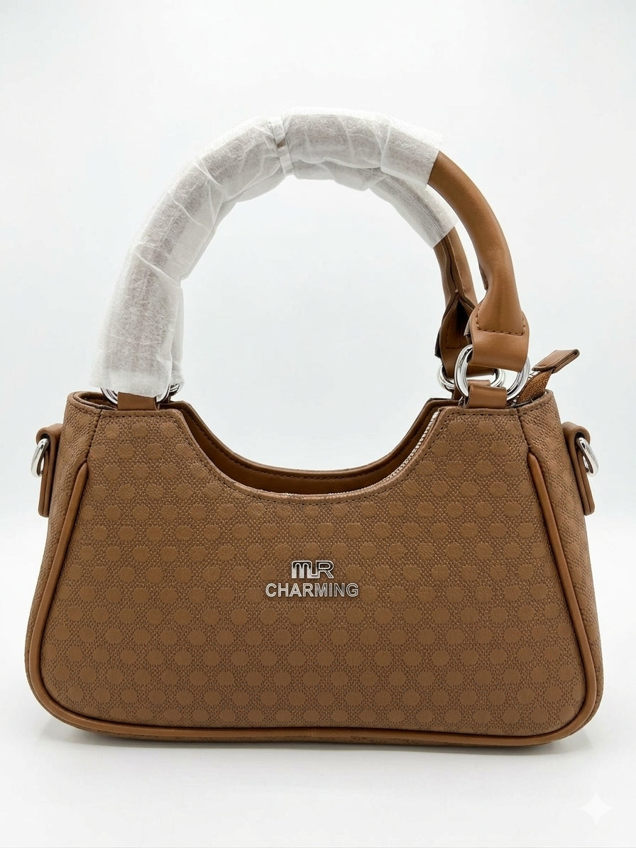 MR CHARMING Monogram Pattern Shoulder Bag – Camel Brown Curved Top-Handle Purse