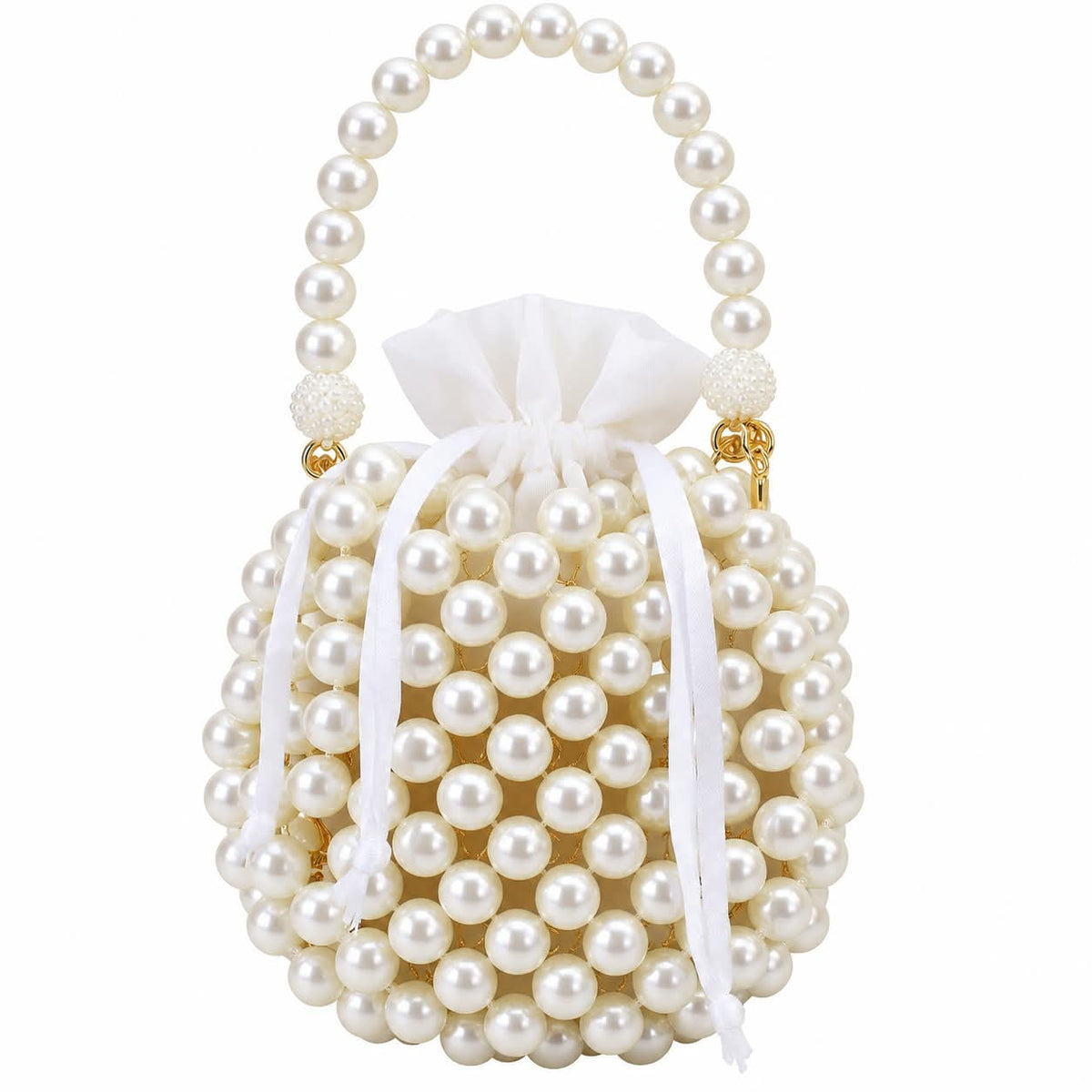 Handmade White Pearl Beaded Potli Bag | Bridal Pearl Drawstring Bucket Purse with Ribbon Tassels | Traditional Ethnic Evening Handbag for Women