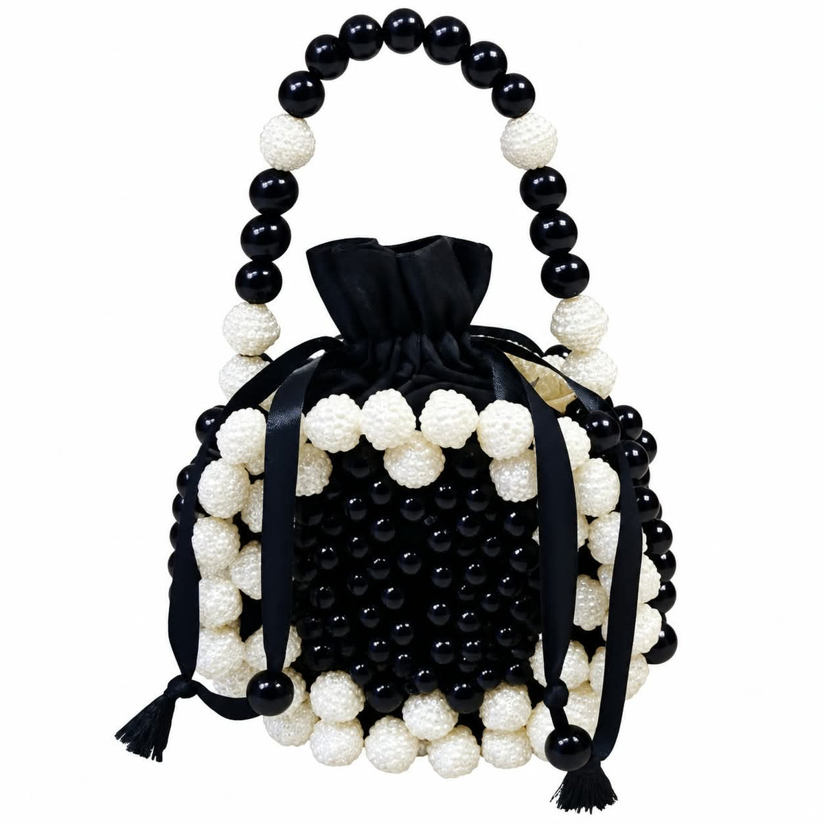Handmade Pearl Beaded Drawstring Potli Bag | Black & White Beaded Evening Bucket Purse with Tassels | Traditional Ethnic Party Handbag