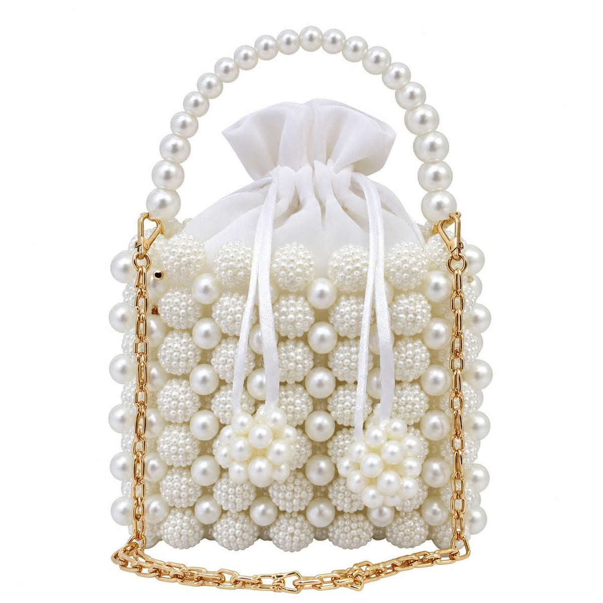 Pearl Beaded Potli Purse with Gold Chain – White Evening Bucket Bag