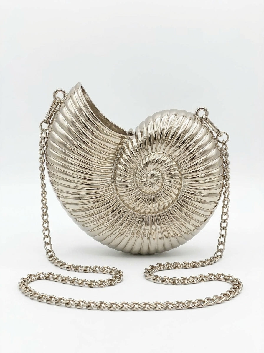Metallic Nautilus Shell Clutch Bag – Hard-Shell Evening Purse with Chain Strap