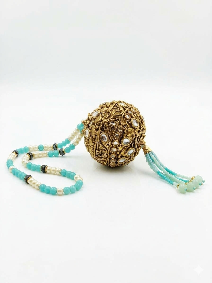 Antique Gold Kundan Sphere Clutch – Handcrafted Beaded Evening Potli Purse with Turquoise & Pearl Strap