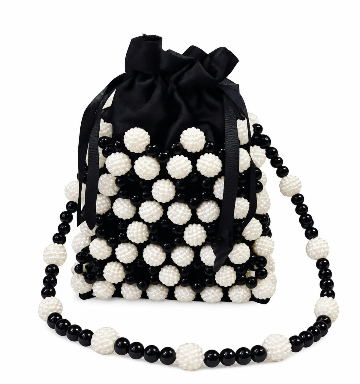 Black & White Beaded Pearl Potli Bag – Long Strap Evening Purse