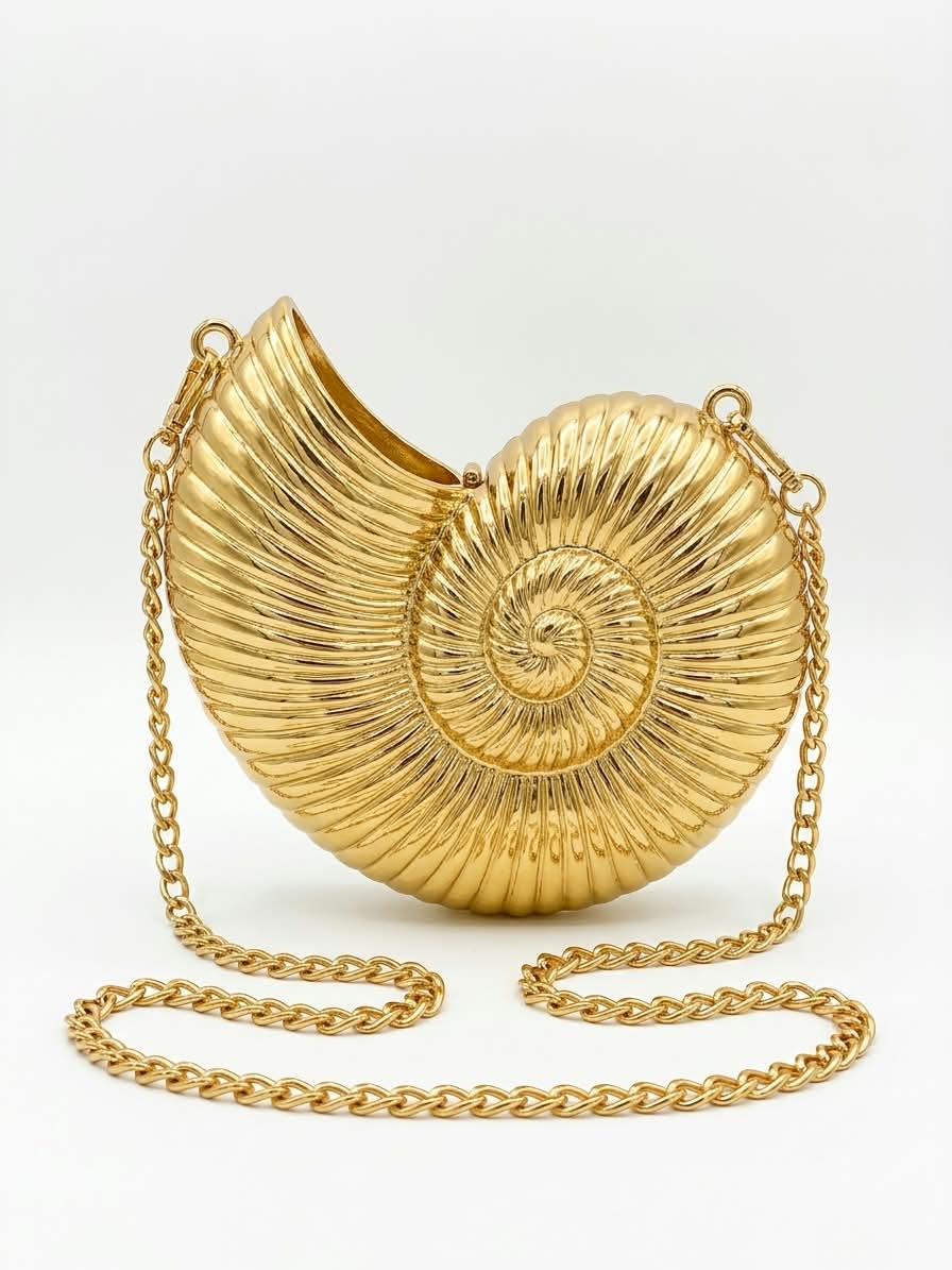 Metallic Nautilus Shell Clutch Bag – Hard-Shell Evening Purse with Chain Strap