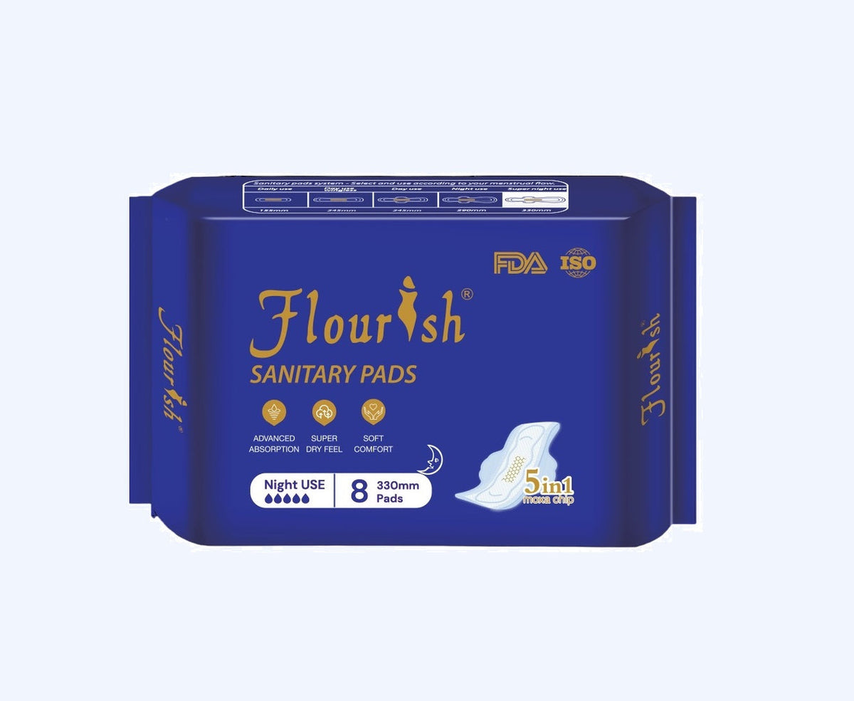Flourish 5-in-1 Night Use Sanitary Pads with Moxa Chip - Extra Long 330mm (8 Count)